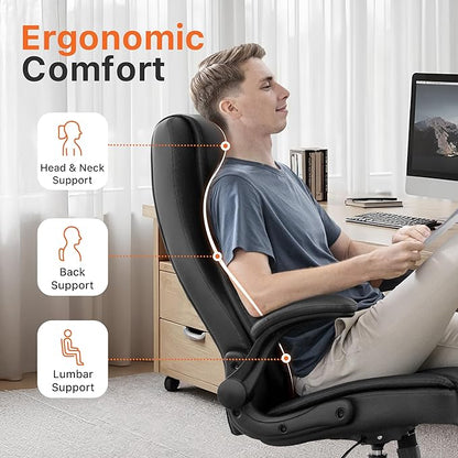 NEO Chair Ergonomic Office Chair Executive Computer Desk Chair Gaming High Back Support Comfy Seat Flip-up Arms Adjustable Height Swivel Rolling Wheels PU Leather for Home (Dark Black)