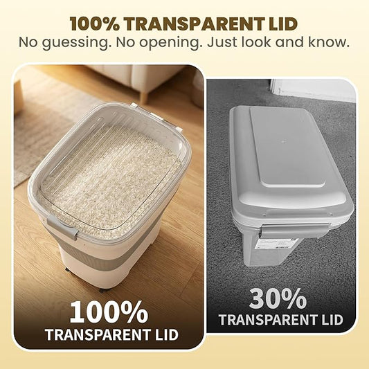 HOYTAMDAR 20-50Lbs Rice Container,Collapsible Food Storage Containers with Airtight Clear Lid,Wheels,Rice Storage Container with Small Bin and Scoop,Rice Dispenser for Flour Sugar Cereal Grain Dog Cat