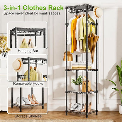 R1 Clothes Rack Heavy Duty, Clothing Racks for Hanging Clothes, Garment Rack with Storage Shelves, Small Coat Rack Freestanding for Entryway, Hallway, Bedroom, Max Load 448 Lbs, Black