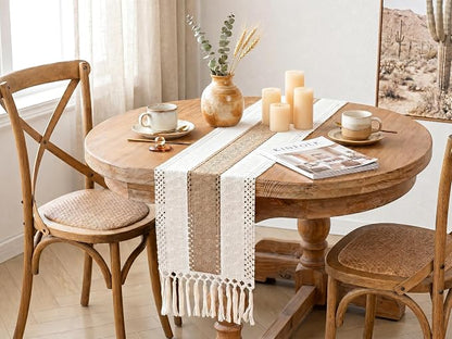 FEXIA Boho Table Runner for Summer Home Coffee Decor with Tassels 60 Inches Long Farmhouse Rustic Table Cloth Cream & Brown Macrame for Kitchen Dining Bedroom Decor Bridal Shower (12x60 Inches)