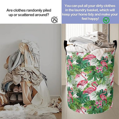 Tropical Flamingo Flower Laundry Hamper Large Canvas Fabric Lightweight Storage Basket/Dirty Clothes Collapsible Waterproof for College Dorms, Boys and Girls Bedroom,Bathroom