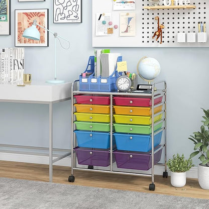 LDAILY 12 Drawer Rolling Storage Cart, Craft Cart Organizer on Wheels w/Metal Frame, Large Capacity & Smooth Drawer, Rolling Cart w/Drawers for Classroom, Office
