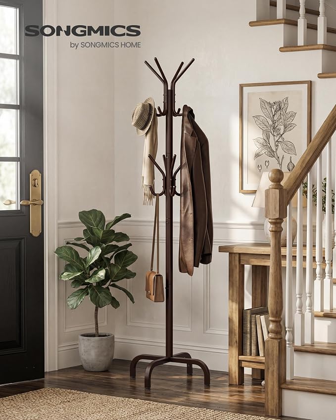 SONGMICS Coat Rack Freestanding with 16 Hooks, Metal Coat Tree Stand with 4 Adjustable Feet, Clothes Hanger Stand for Entryway Bedroom Living Room Hallway Office,Bronze URCR083MZ01S