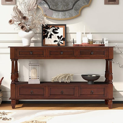 LKTART 54'' Solid Wood Console Table, Farmhouse Entryway Table with 6 Drawers and Shelf, Narrow Long Sofa Table with Storage for Living Room Hallway, Couch, Foyer (Cherry)