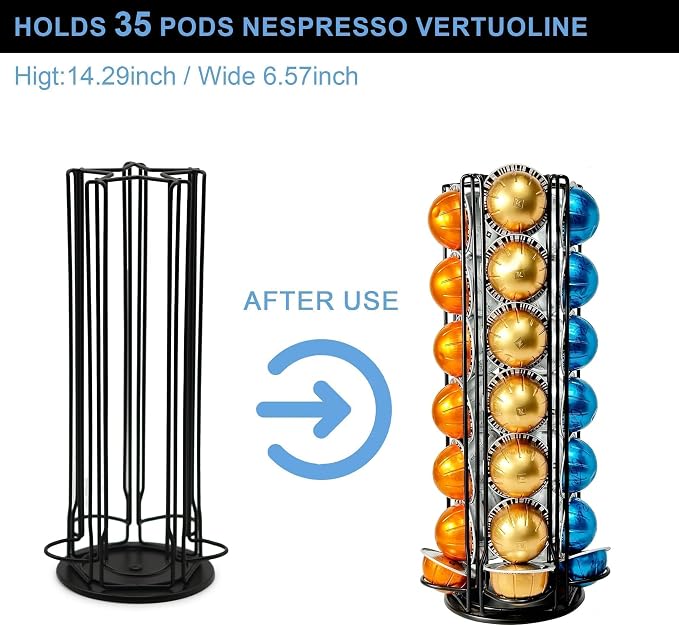 Nespresso Vertuo Pods Holder 360° Spinning Coffee Pod Holder for 35 Vertuo Pods, No Assembly Required, Space-Saving Coffee Station Accessories & Nespresso Storage for Countertop, Sleek Black