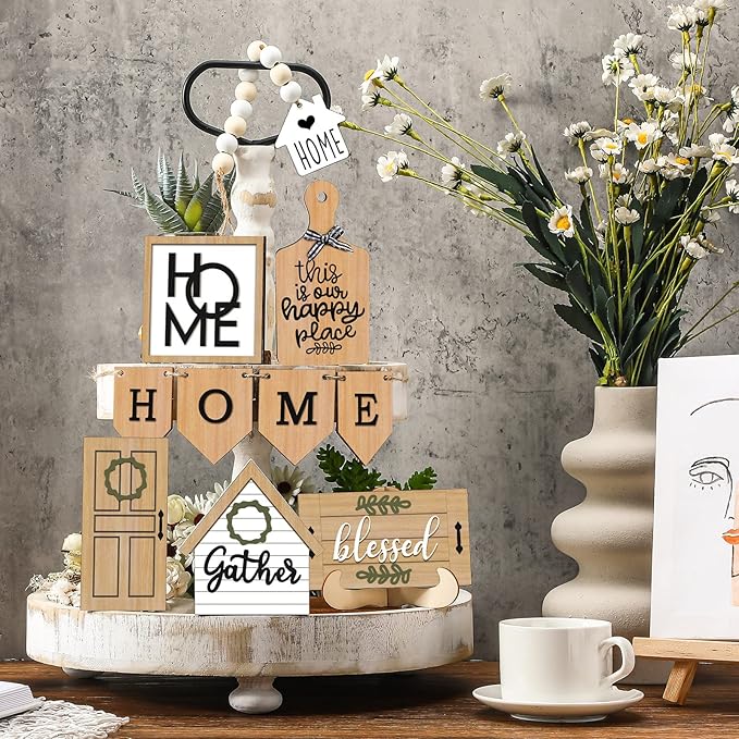11 Pcs Home Tiered Tray Decor Gather Rustic Farmhouse Tiered Tray Decorations Set Home Wooden Signs Vintage Farm Animal Farmhouse Tabletop Wood Signs for Kitchen Table Shelf Decor