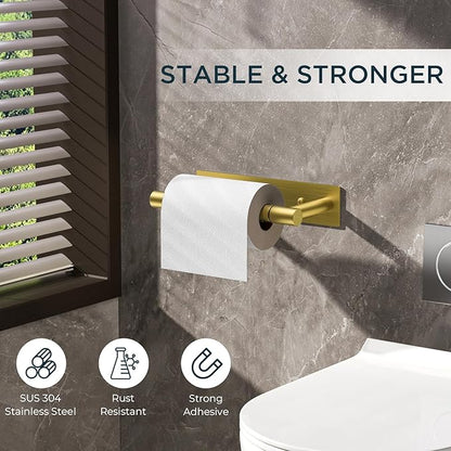 FORIOUS Toilet Paper Holder, Adhesive or Wall Mounted Options, Stainless Steel Rustproof Stick on no Drilling Double Post Pivoting Toilet Tissue Roll Holder Wall Mount for Bathroom, Brushed Gold