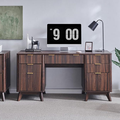 T4TREAM Fluted Executive Desk with Drawers, 60" Modern Home Office Computer Desk with Charging Station, File Cabinet, Keyboard Tray and Storage Cabinet for Study, Living Room, Bedroom, Dark Walnut