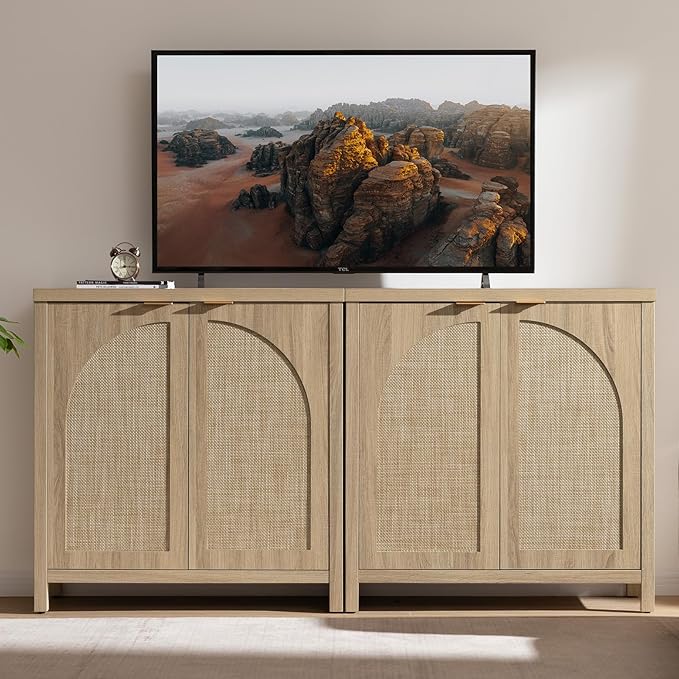 SICOTAS Rattan Sideboard Buffet Cabinet with Storage, Mid Century Modern Credenza Storage Cabinet with Arch Doors & Shelves Boho Coffee Bar Media Console Cabinets for Kitchen, Living Room, Entryway