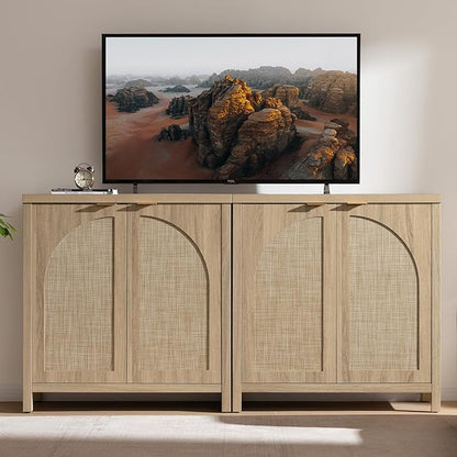 SICOTAS Rattan Sideboard Buffet Cabinet with Storage, Mid Century Modern Credenza Storage Cabinet with Arch Doors & Shelves Boho Coffee Bar Media Console Cabinets for Kitchen, Living Room, Entryway