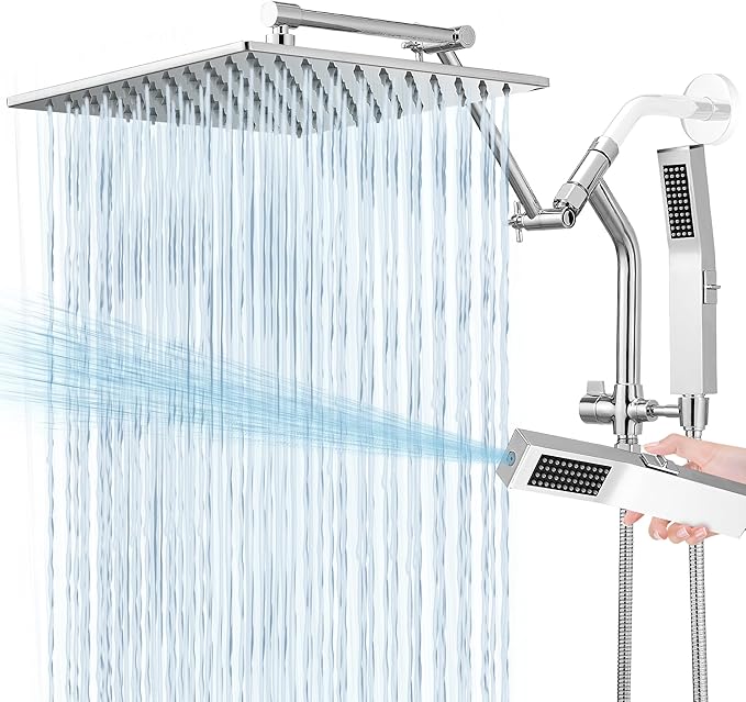 All Metal 12 Inch Rain Shower Head with Handheld Built-in Power Wash Mode, High Pressure Waterfall Rainfall Square Shower Heads with 16" Adjustable Extension Arm, Dual Showerhead(Chrome)