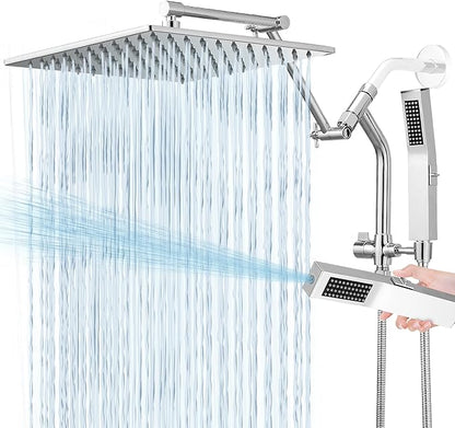 All Metal 12 Inch Rain Shower Head with Handheld Built-in Power Wash Mode, High Pressure Waterfall Rainfall Square Shower Heads with 16" Adjustable Extension Arm, Dual Showerhead(Chrome)