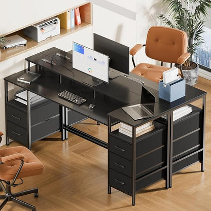 61 Inch Computer Gaming Desk with Power Outlets & LED Lights Reversible Home Office Desk with Adjustable 5 Fabric Storage Drawers for Working Writing Study, Black