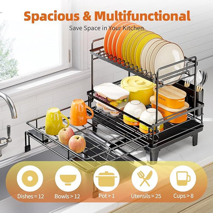 Urackify Dish Drying Rack - Large Dish Racks for Kitchen Counter, Extendable Sink Dish Drainer, Rustproof Dish Strainer with Utensil Holder, 2 Tier Black
