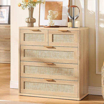 LEYAOYAO Rattan Dresser for Bedroom, 33.5" Tall Chest of Drawers, Modern 5 Drawers Boho Dressers with Storage, Light Oak Dresser Wooden Closet Organizer for Living Room, Hallway, Natural Wood