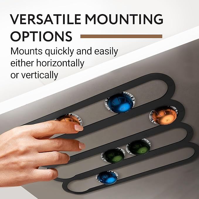 IMPRESA Coffee Pod Holder - Compatible with Nespresso VertuoLine Pods - Black Plastic 20-Capsule Capacity 14 x 11.75 In - Pre-Applied Strips - Under Cabinet Adhesive Capsule Organizer