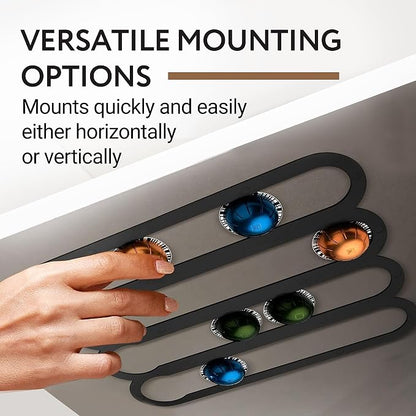 IMPRESA Coffee Pod Holder - Compatible with Nespresso VertuoLine Pods - Black Plastic 20-Capsule Capacity 14 x 11.75 In - Pre-Applied Strips - Under Cabinet Adhesive Capsule Organizer