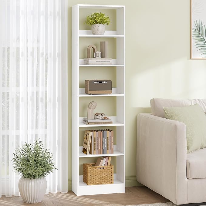 Hzuaneri Bookcase, Tall Narrow Bookshelf, Open Display Storage Shelf, Skinny Cube Book Shelf with Adjustable Shelves, CD Rack for Living Room, Home Office 6-Tier(9.4 x 19.7X 72 inch) White BC59603X