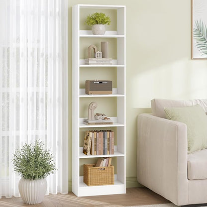 Hzuaneri Bookcase, Tall Narrow Bookshelf, Open Display Storage Shelf, Skinny Cube Book Shelf with Adjustable Shelves, CD Rack for Living Room, Home Office 6-Tier(9.4 x 19.7X 72 inch) White BC59603X