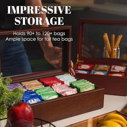 Tea Box - Luxury Wooden Tea Bag Organizer from The Apace Premier Collection - 6 Compartment Tea Storage Chest Container - Elegantly Handmade w/Scratch Resistant Window