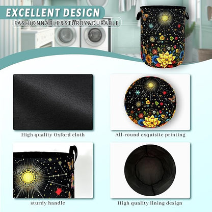 Colorful Flowers Butterfly Laundry Basket Moon Floral Laundry Hamper Foldable Oxford Cloth Beautiful Flower Tote Bag Clothes Toy Storage Bucket For Bathroom/Laundry Storage/Bedroom 18.9 x 16.5 Inch