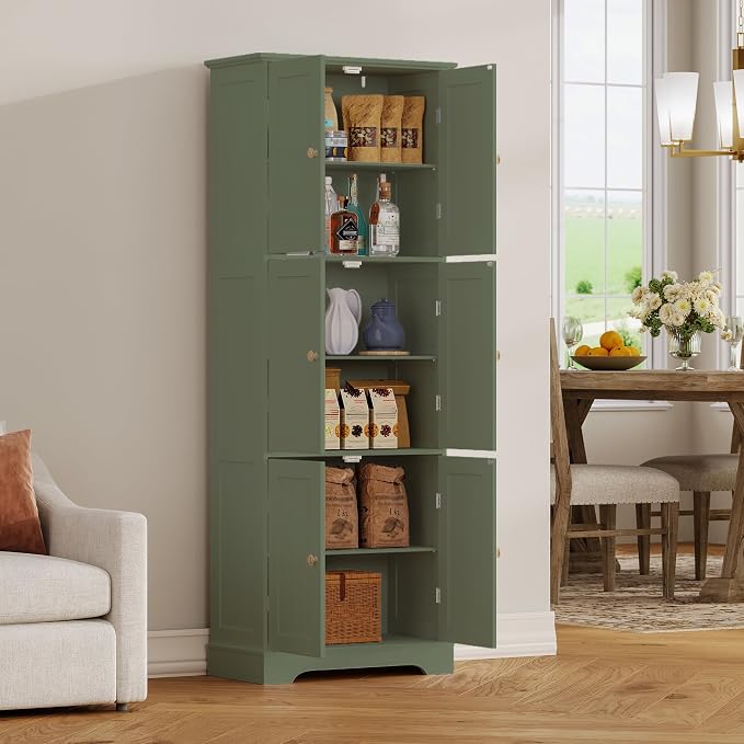 ChooChoo Tall Bathroom Storage Cabinet with 6 Doors, Freestanding Floor Cabinet with Adjustable Shelves, Green Pantry Cabinet for Bathroom, Kitchen, Laundry Room