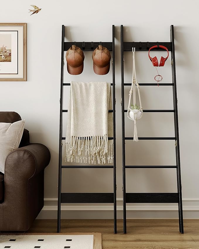 Hzuaneri Blanket Ladder for Living Room, Decorative Quilt Rack with 4 Removable Hooks, 6-Tier Farmhouse Ladder Holder Shelf Organizer for Bedroom, Black BR31504B