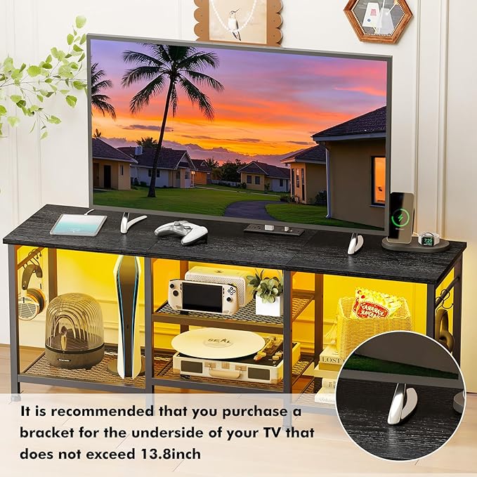 YGEOMER Black Entertainment Stand for Up to 50 Inch TVs, Tv Stand with Outlet Led Lights Open Storage Shelves, TV Consoles for Living Room, Bedroom