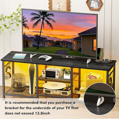 YGEOMER Black Entertainment Stand for Up to 50 Inch TVs, Tv Stand with Outlet Led Lights Open Storage Shelves, TV Consoles for Living Room, Bedroom