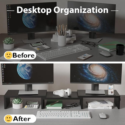 BONTEC Dual Monitor Stand Riser with Smartphone Holder, Adjustable Length & Swivel Angle, Ergonomic Wooden Desktop Organizer for PC Monitor, Laptop, Printer, Large Storage, Black