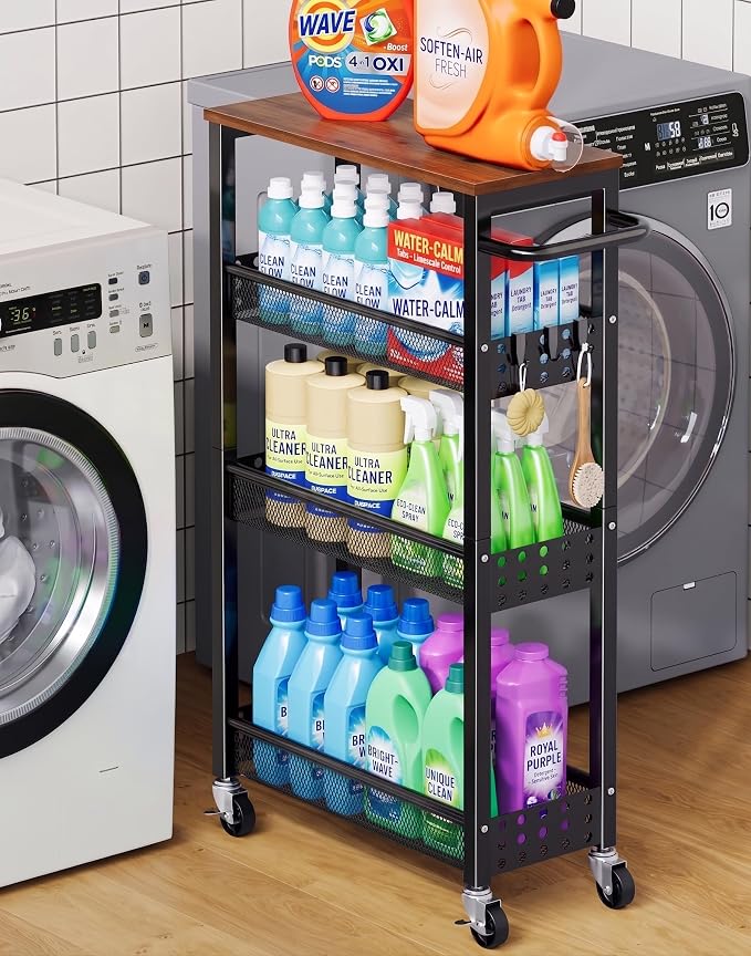 Utility Slim Storage Cart, Skinny Rolling Spice Rack with Table Top, Small Laundry Organizers and Storage Shelves for Between Washer and Dryer, Thin Shelf for Narrow Spaces, 4 Tier Bathroom Cabinet