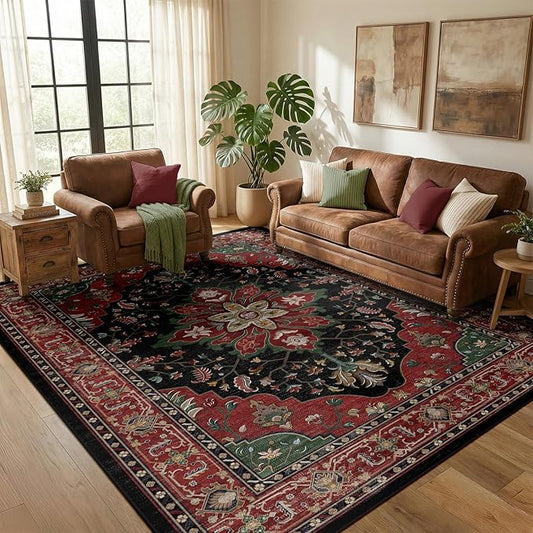 RELEANY Area Rugs 5'x7' Washable Non-Slip, Floral Vintage Distress Medallion Carpet for Living Room Bedroom Dining Room, Red Black