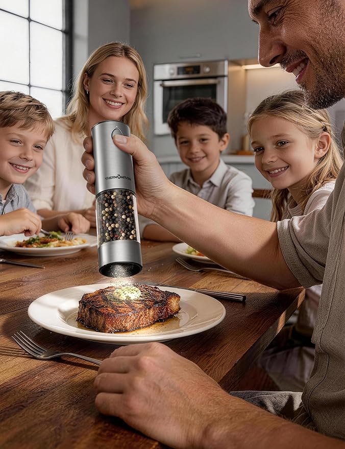 ThermoMaven Electric Salt and Pepper Grinder Set, 110ml Larger Rechargeable Automatic Salt and Pepper Mill Grinder with 6 Adjustable Coarseness, Electric Salt and Pepper Shakers, LED, Mint Green
