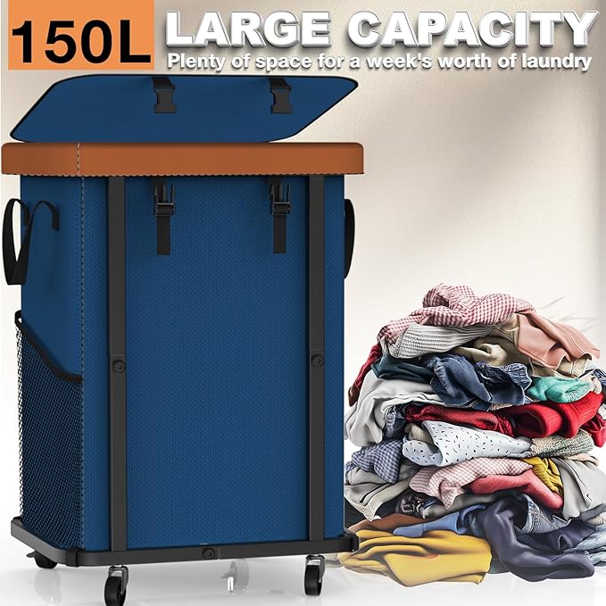 150L (40 Gal) Fashion Laundry Basket with Wheels, Leather Patchwork Rolling Hamper Carts, Sturdy Metal Frame, Removable Washable Bag, Tall Clothes Sorter for Bedroom, Laundry Room - Navy Blue
