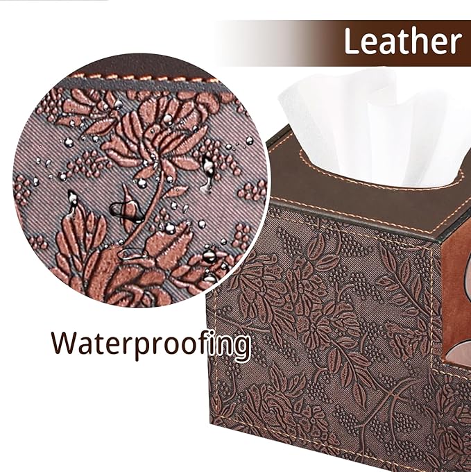 PU Leather Square Tissue Box Cover - Multi-Functional Tissue Box Holder, Tissue Box Cover with Storage,Tissue and Remote Control Holder, Cube Tissue Box Organizer Bedroom Nightstand End Table
