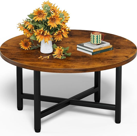 Coffee Table, 23.6" Small Coffee Tables, Rustic Brown Round Coffee Tables for Living Room, Floor Table for Sitting on The Floor, Center Coffee Table with Metal Frame Industrial Office Home
