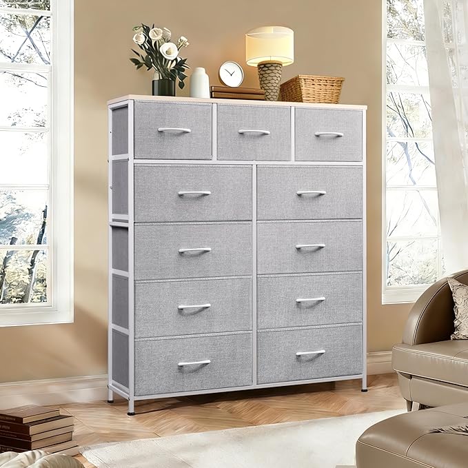 Tall Console Table with 11 Fabric Drawers, Entryway Table with Storage, Tall Storage Organizer with Wood Top, Steel Frame for Living Room, Hallway, Office, Light Grey