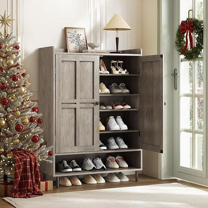 Grey 7+1 Tier Farmhouse Shoe Storage Cabinet - 45" Tall Entryway Organizer with Cross Molding Doors, 3 Adjustable Shelves & Metal Legs, Shoe Rack for Front Door Entrance