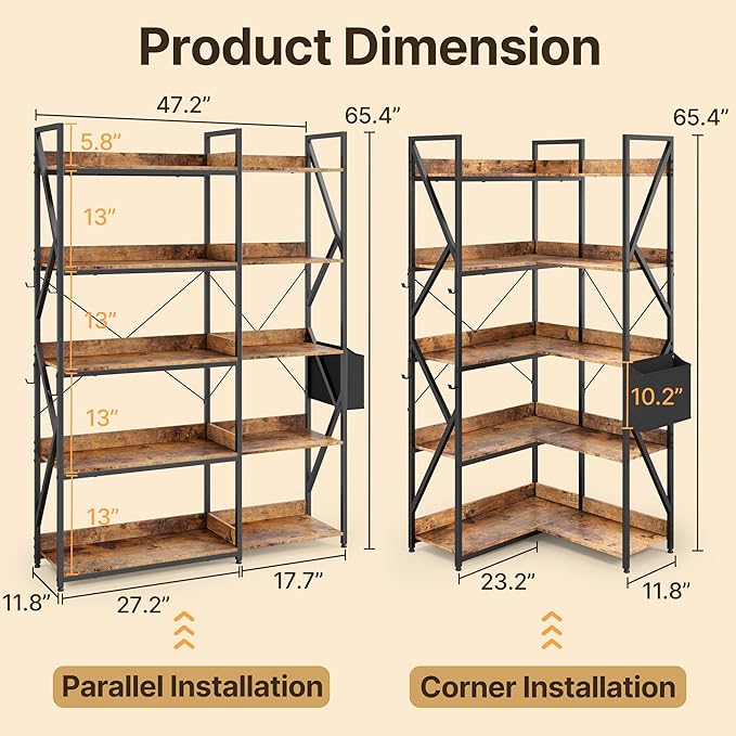 Gizoon 5 Tier Corner Bookshelf, 65" H Reversible Bookshelf, Industrial Bookcase with 4 Hooks and Storage Basket, Sturdy Metal Frame, Adjustable Feet, for Living Room, Kitchen, Office, Retro