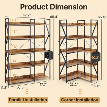 Gizoon 5 Tier Corner Bookshelf, 65" H Reversible Bookshelf, Industrial Bookcase with 4 Hooks and Storage Basket, Sturdy Metal Frame, Adjustable Feet, for Living Room, Kitchen, Office, Retro