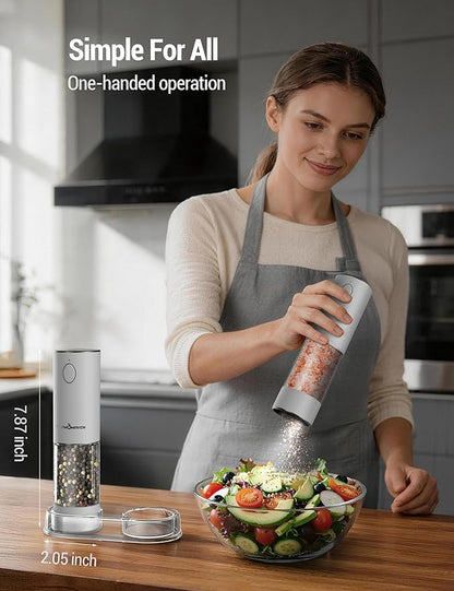 ThermoMaven Electric Salt and Pepper Grinder Set, 110ml Larger Rechargeable Automatic Salt and Pepper Mill Grinder with 6 Adjustable Coarseness, Electric Salt and Pepper Shakers, LED, White Sand