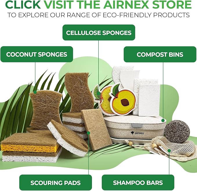 AIRNEX Biodegradable Natural Kitchen Sponges Pack of 6 - Cellulose and Coconut Walnut Scrubber Sponge - Eco Friendly Sponges for Dishes