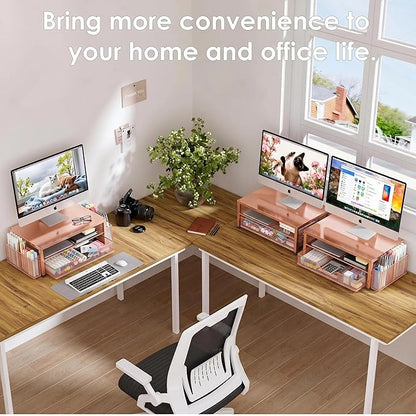 OPNICE Computer Monitor Stand Riser, Desk Organizer with Drawer, Printer & Laptop Stand, Office Desk Accessories & Workspace Desktop Organizers Storage for Office Supplies(Rose Gold)