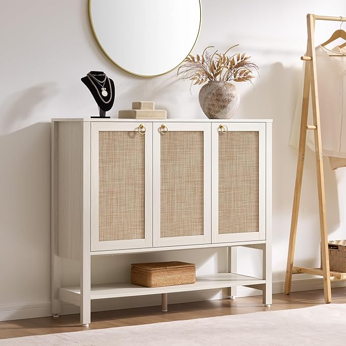 SICOTAS Rattan Shoe Cabinet with Storage - 30 Pairs Boho Shoe Organizer with 3 Doors & Adjustable Shelves, Large Farmhouse Shoe Rack Cabinet for Entryway, Hallway, Living Room (White)