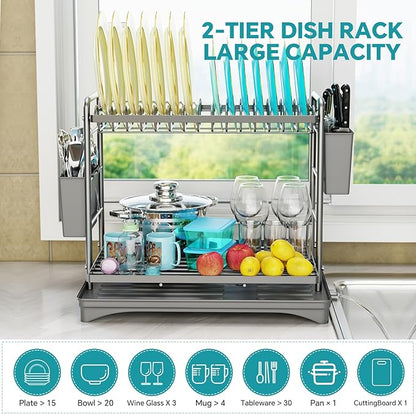 Simple Trending Dish Drying Rack, 2-Tier Dish Rack for Kitchen Counter, Large Dish Drainers Sink Organizers and Storage, Silver