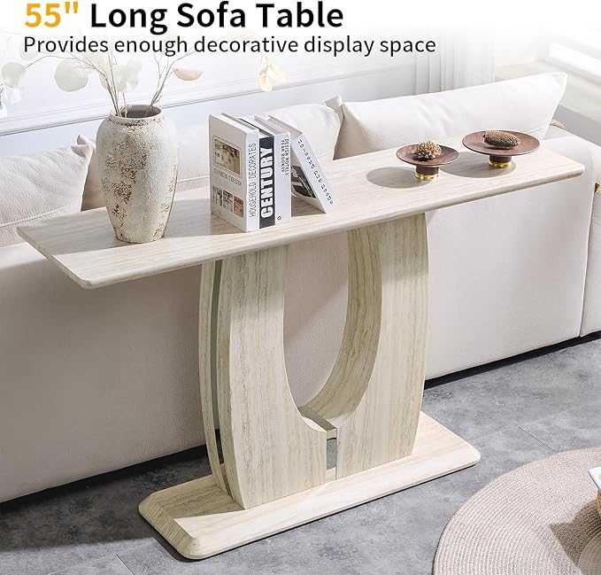 55" Console Table for Entryway, Narrow Sofa Entrance Table with Faux Mars Marble Pattern, Modern Sofa Tables with U-Shaped Base for Living Room, Hallway, Foyer, Home Office, Beige Dark