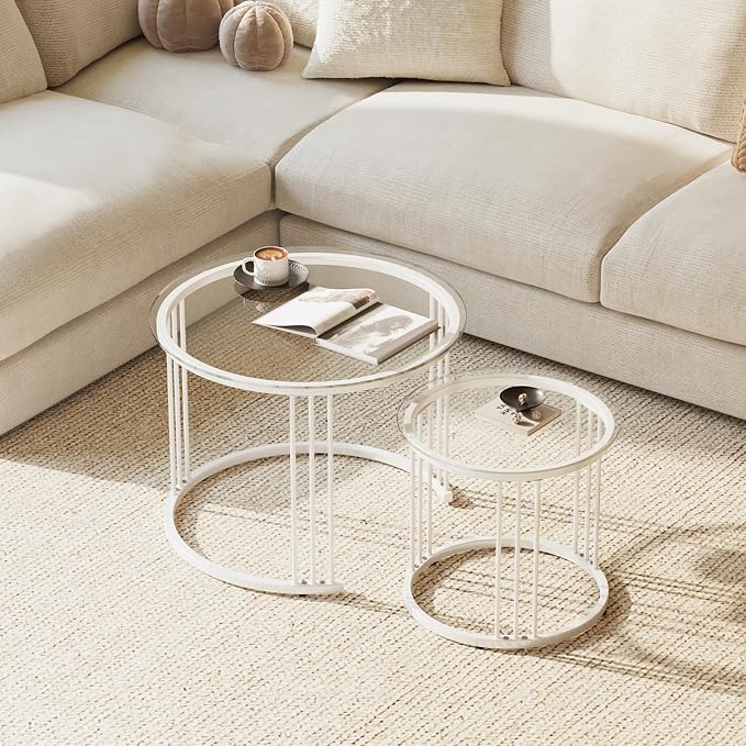 Garden 4 you Nesting Coffee Table, 23.6" Round Coffee Table Set of 2, Glass Nesting Table with Metal Frame, Ceter Tables for Living Room Bedroom Balcony, White