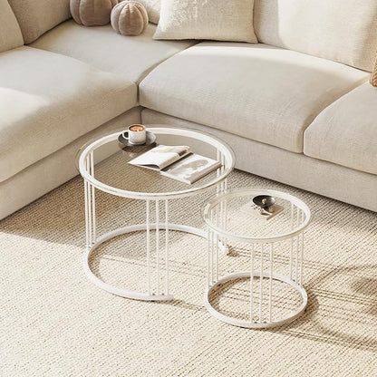 Garden 4 you Nesting Coffee Table, 23.6" Round Coffee Table Set of 2, Glass Nesting Table with Metal Frame, Ceter Tables for Living Room Bedroom Balcony, White