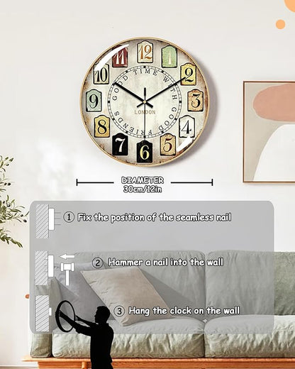 Decorative Wall Clocks Batterys Operated, Retro Wall Clock with Glass Dial, 12-Inch Dial with Roman Numerals, Silent and No Ticking, Suitable for Living Room, Bedroom, Dining Area, Workspace