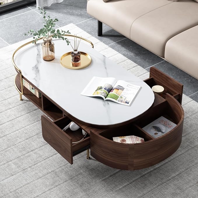 Lartis Oval Coffee Table in Walnut, Sintered Stone Living Room Table with Semi-Circular Storage,Multi Functional Marvel for Modern Living Room (White, 51 in)